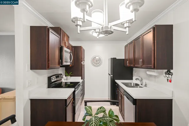 a kitchen with stainless steel appliances a sink stove and refrigerator