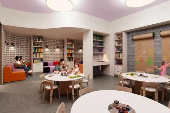 a view of a dining room with furniture