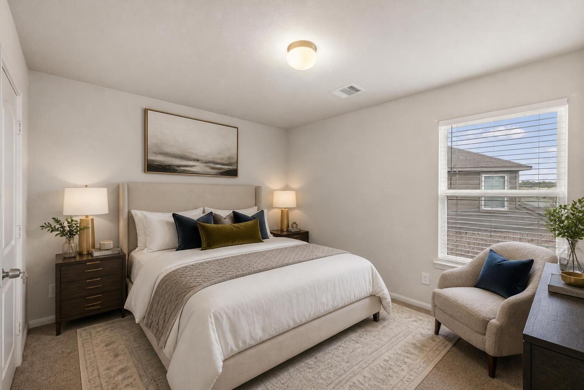 903 Willowick Road Houston, TX 77090 - Photo 35 of 47 The larger upstairs bedroom offers extra room for a full furniture setup, desk, or sitting area. It adds meaningful flexibility within the home’s four-to-five-bedroom layout. Virtually staged.