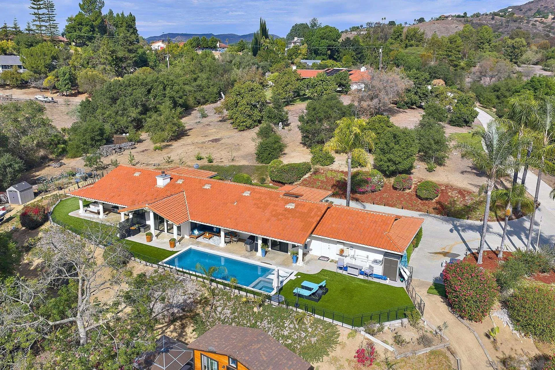 3064 Live Oak Park Road Fallbrook, CA 92028 - Photo 65 of 74 an aerial view of a tennis ground and large trees