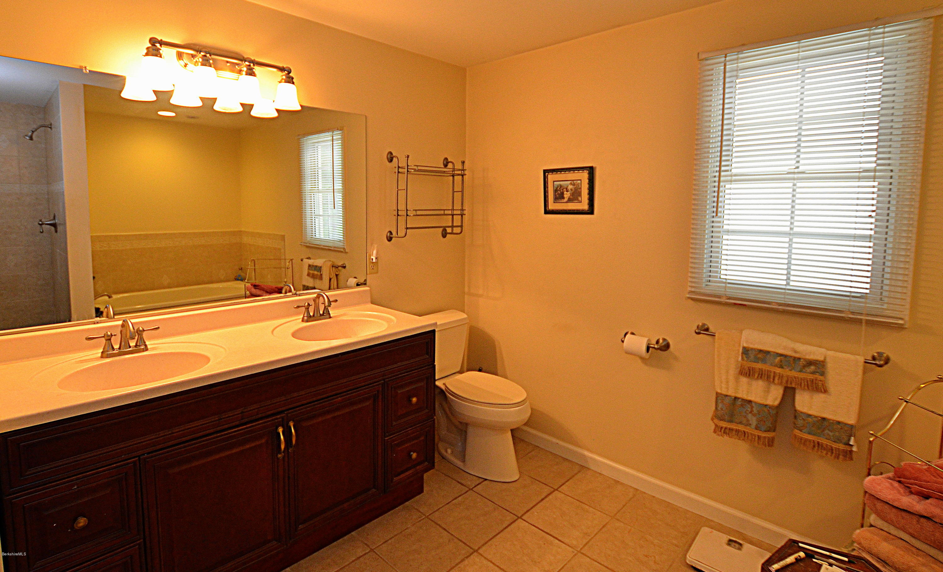 1381 East Otis Road Otis, MA 01029 - Photo 21 of 48 a bathroom with a double vanity sink a toilet and a mirror