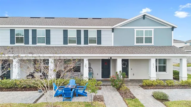 a front view of a house with patio