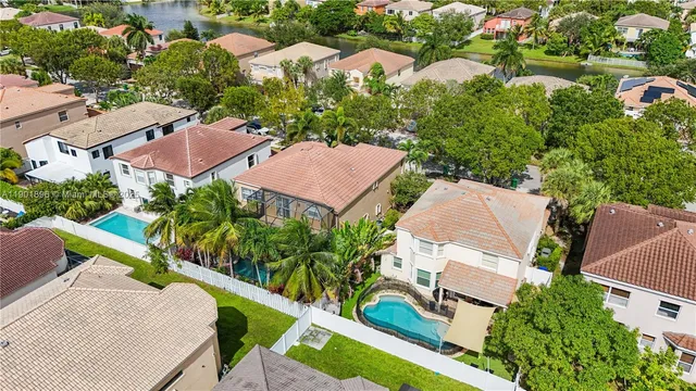 an aerial view of a house with swimming pool and outdoor space