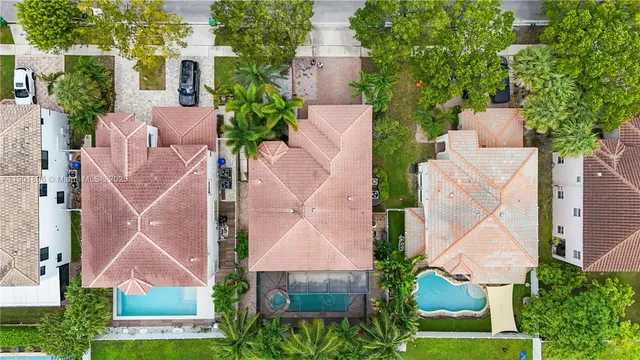 an aerial view of a house with a yard and potted plants