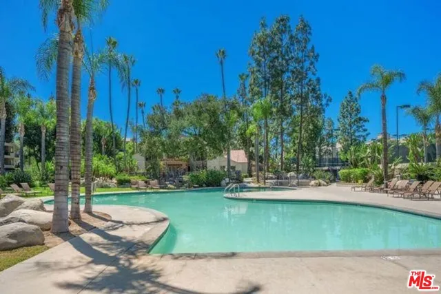 a view of a backyard with lawn chairs potted plants and palm tree