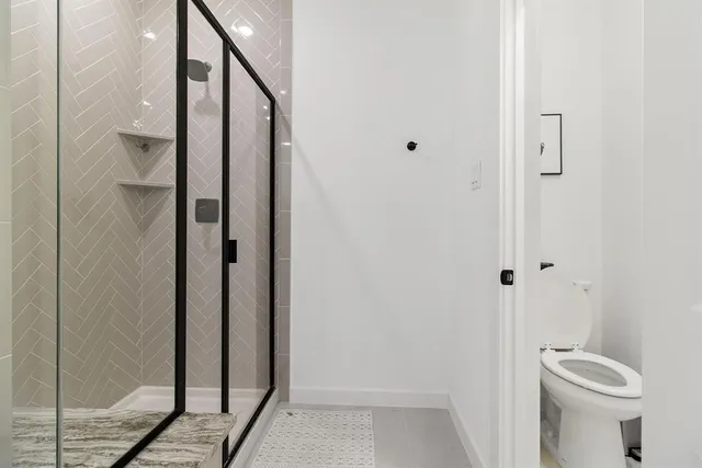 a bathroom with a shower and toilet