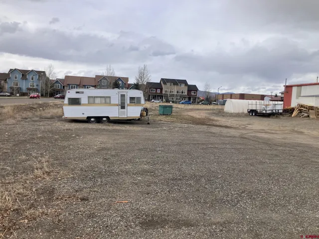 a view of a dry yard with trees