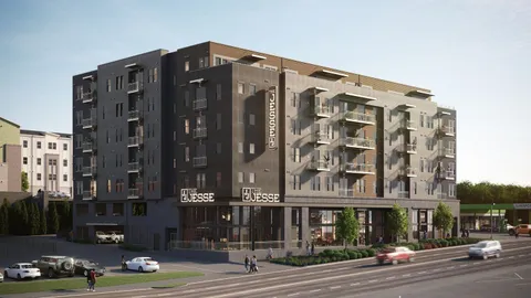 a front view of a building with street view