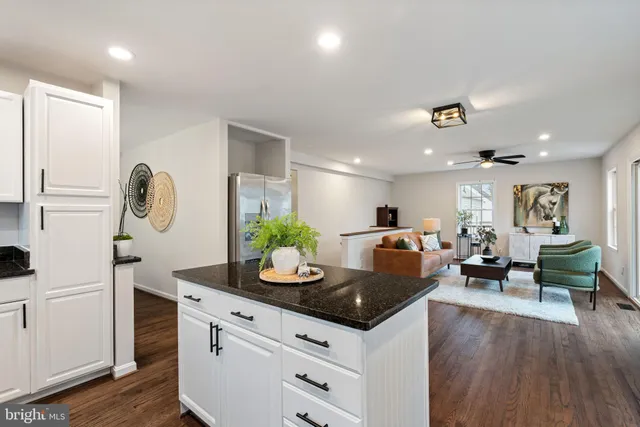 a living room with furniture ceiling fan and a rug