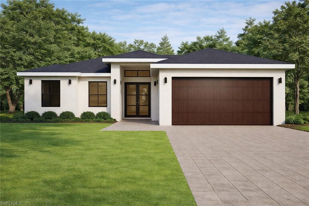 100 Parish Drive Lehigh Acres, FL 33974 - Photo 1 of 3 View of front of property with a garage, stucco siding, a front yard, and driveway