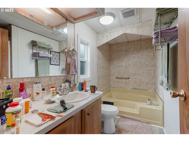a bathroom with a sink mirror toilet and bathtub