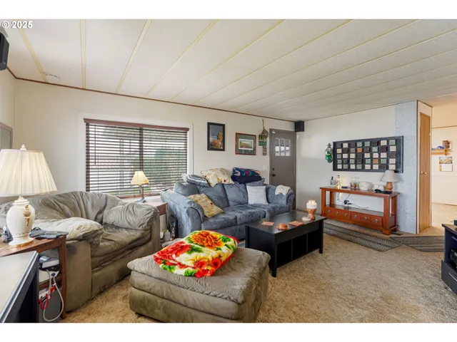 a living room with furniture a rug and wall painting