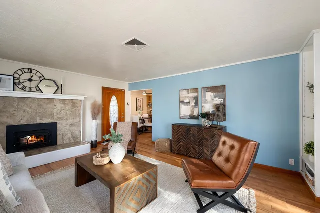 a living room with furniture and a fireplace