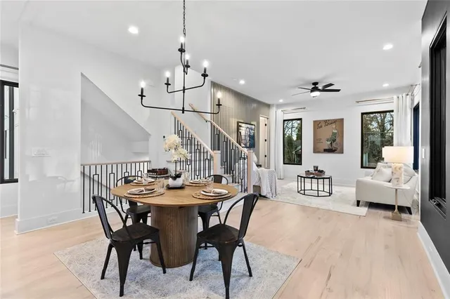 a view of a dining room with furniture