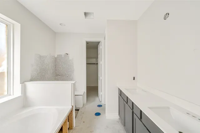 a bathroom with a tub sink and mirror