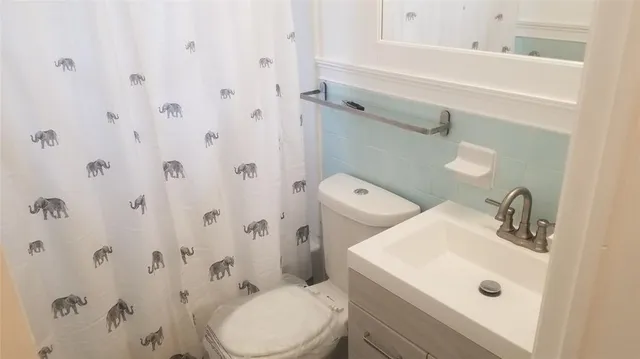 a bathroom with a sink a toilet and shower curtain