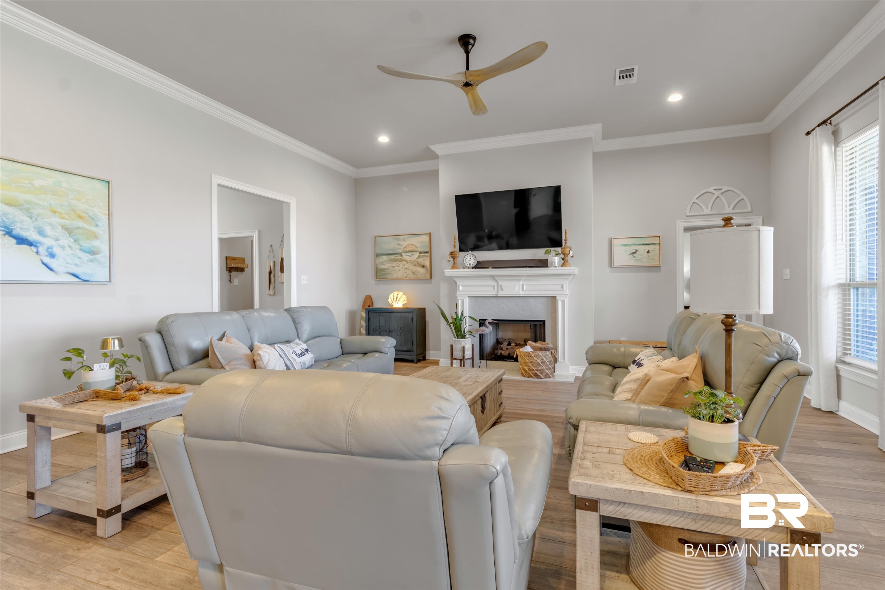 22531 Putter Lane Foley, AL 36535 - Photo 14 of 43 Living area featuring light wood-style floors, a fireplace, ceiling fan, ornamental molding, and recessed lighting