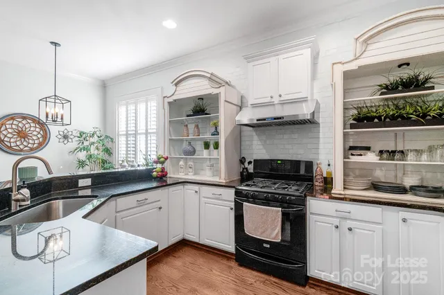 a kitchen with granite countertop a sink stainless steel appliances and cabinets