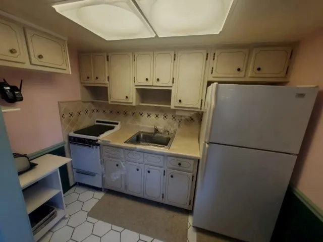 a kitchen with a refrigerator sink and cabinets