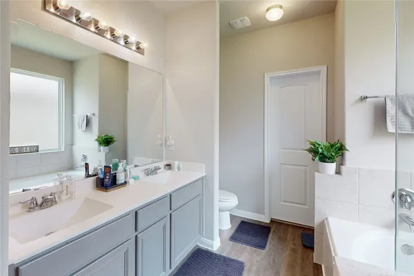 a bathroom with a potted plant on the counter and sink