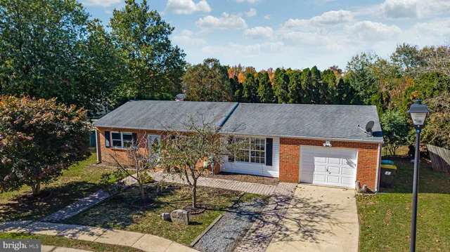 a view of a house with a small yard plants and large tree