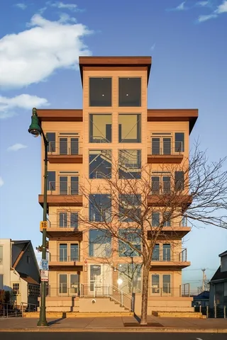 a front view of a multi story building