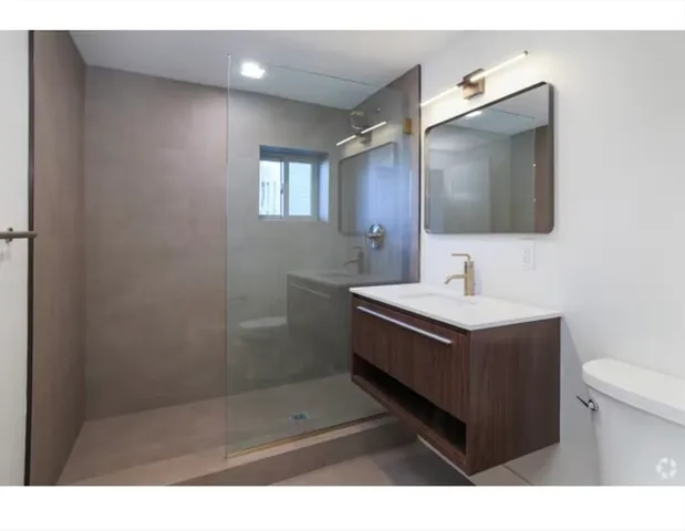 a bathroom with a sink a toilet and mirror