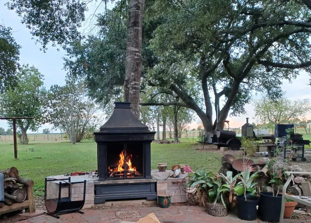a view of a table and chairs in a garden