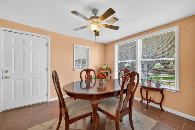 a view of a dining room with furniture window and outside view