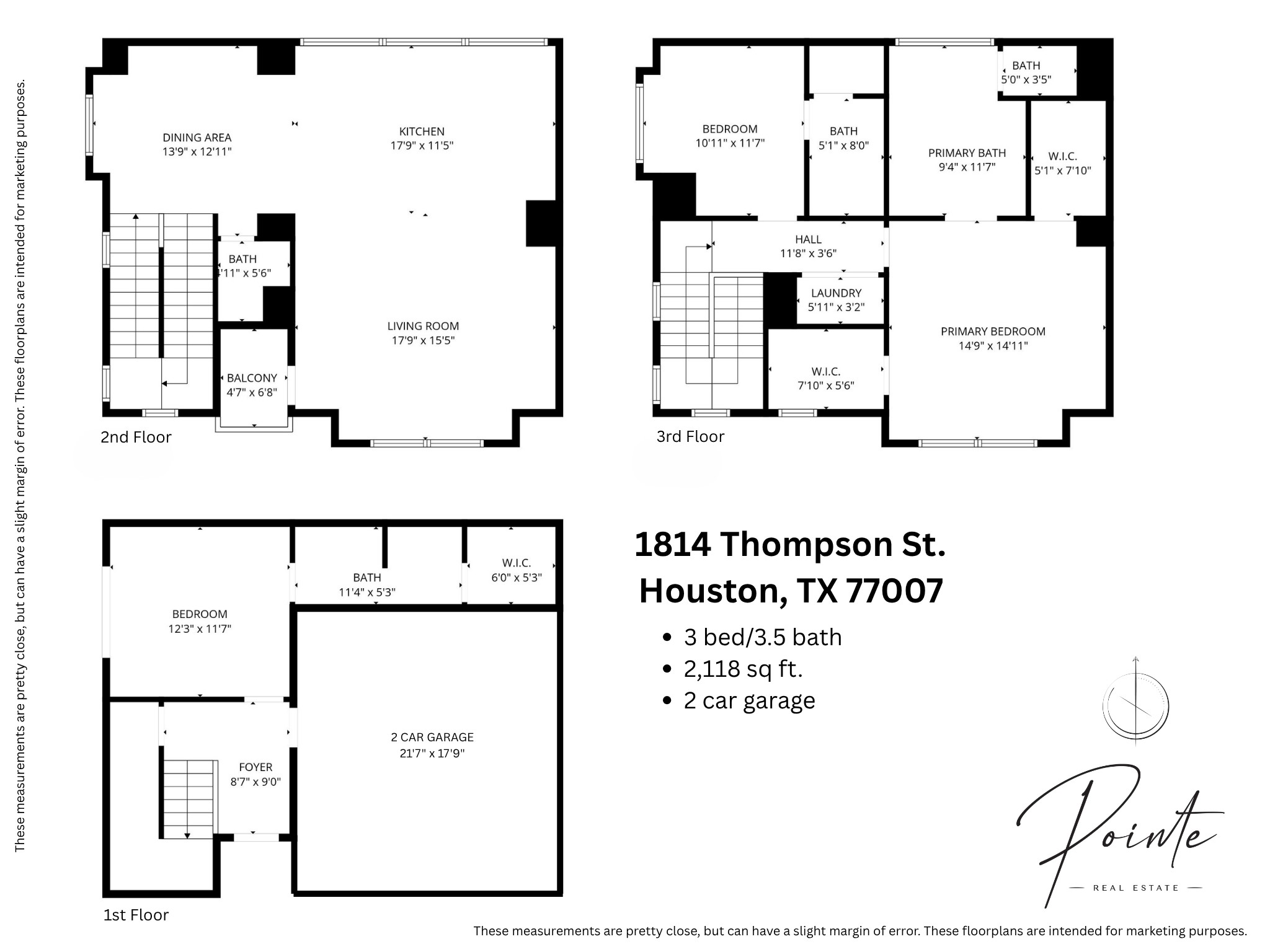 1814 Thompson Street Houston, TX 77007 - Photo 37 of 37 Floor plan for a modern three-story residence at 1814 Thompson St., Houston, TX 77007 offering 3 bedrooms and 3.5 bathrooms across 2,118 sq ft. The thoughtfully designed layout features a 2-car garage on the first level, an open-concept second floor with seamless kitchen, dining, and living spaces ideal for entertaining, and a private third level dedicated to spacious bedrooms for comfort and privacy.