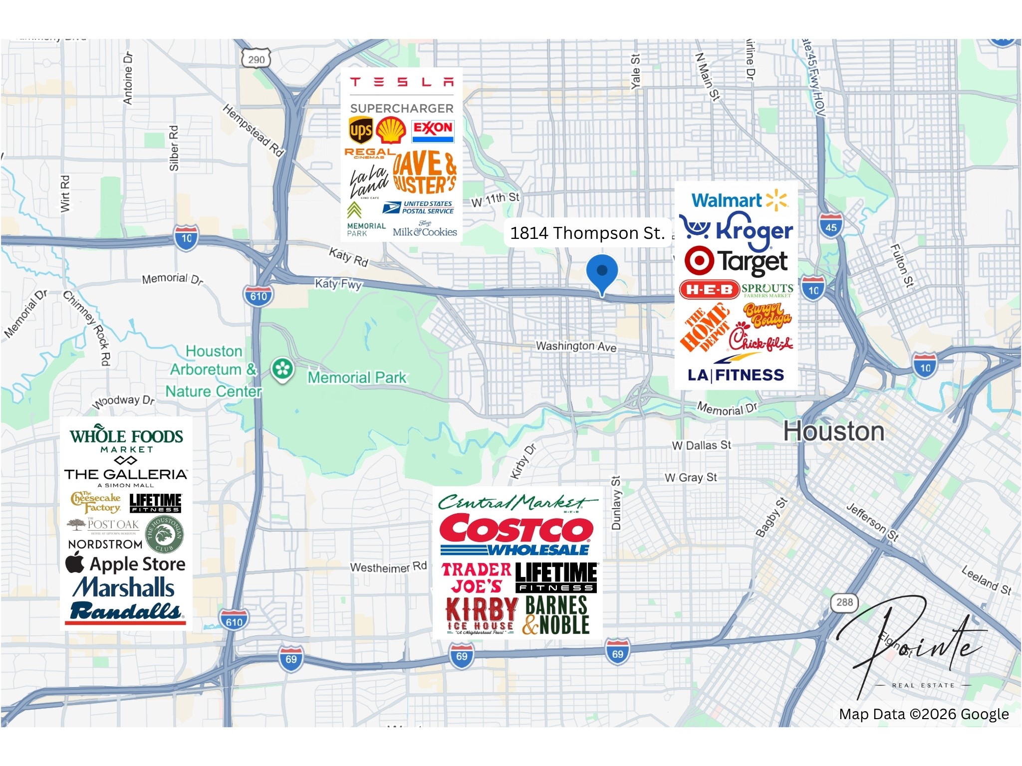 1814 Thompson Street Houston, TX 77007 - Photo 36 of 37 This map highlights 1814 Thompson St. in Houston, showcasing an unbeatable central location just minutes from premier destinations including Whole Foods, The Galleria, Costco, and multiple fitness centers. With immediate access to top retail, dining, and everyday essentials such as Target, Walmart, and popular local restaurants, this location offers exceptional convenience that won’t stay available for long—perfect for renters seeking fast, connected urban living.