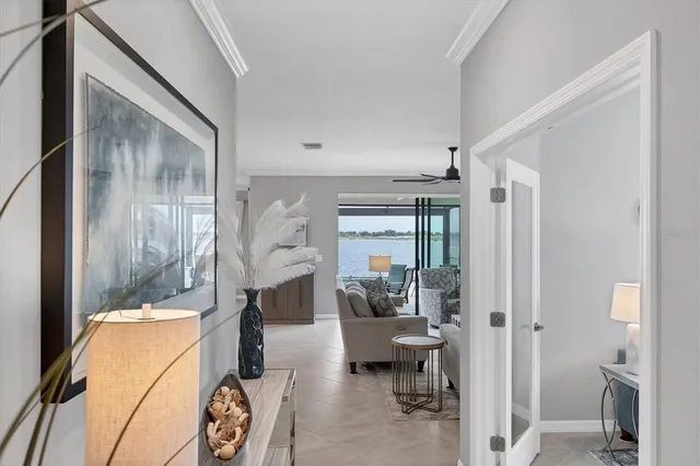 a view of a dining room with furniture window and outside view
