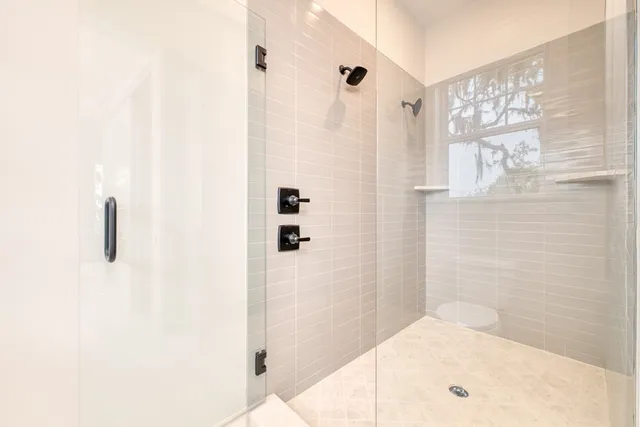 a view of a garage with shelf