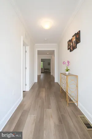 a view of a hallway with wooden floor and a potted plant