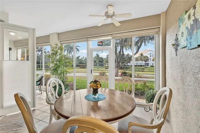 a view of a dining room with furniture window and outside view