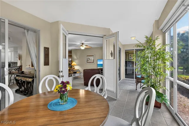 a table with chairs and a potted plant