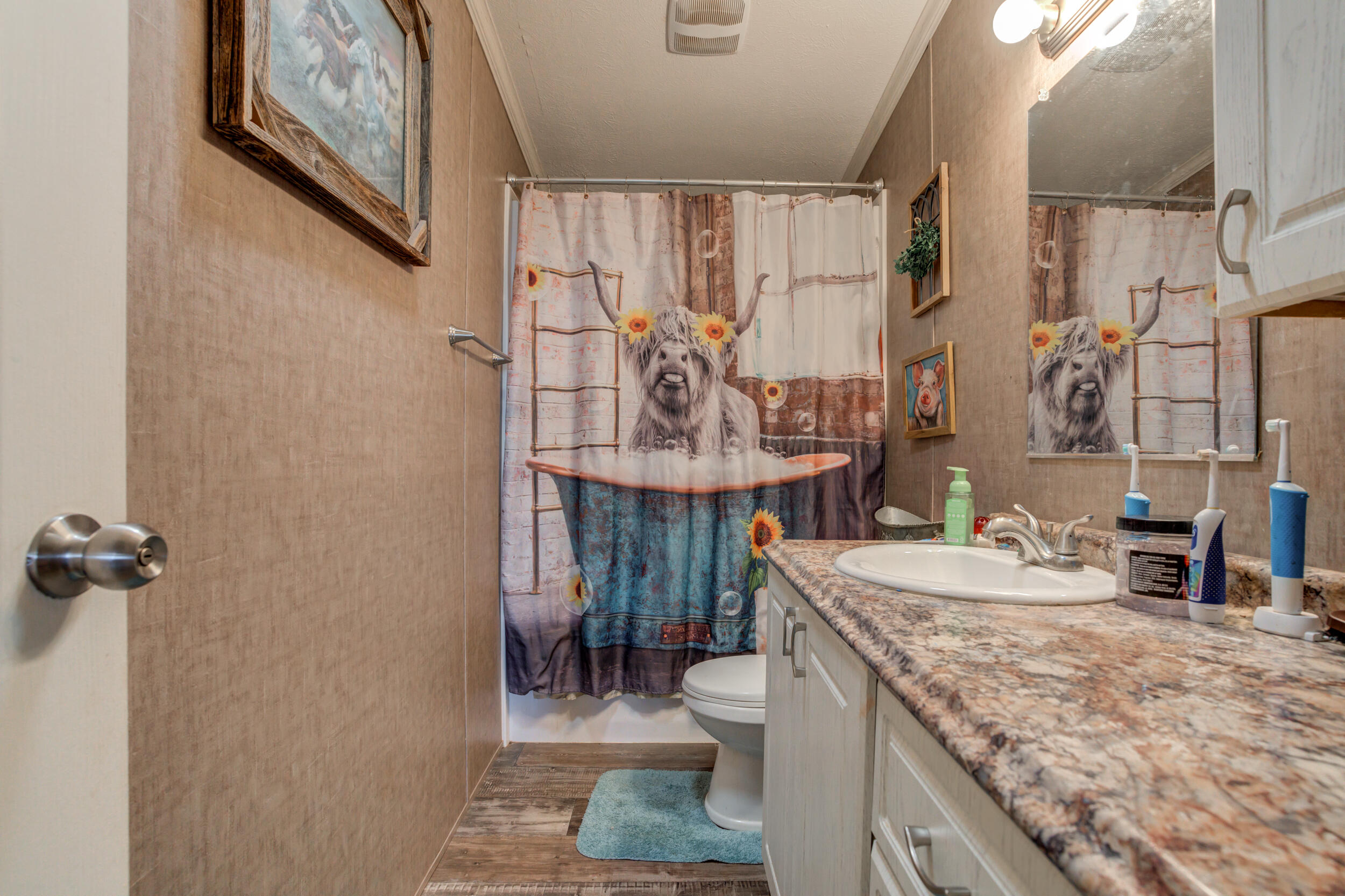 4726 County Road 5300 Lubbock, TX 79415 - Photo 40 of 53 a bathroom with a granite countertop sink a toilet and a shower