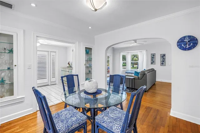 a view of a dining room with furniture