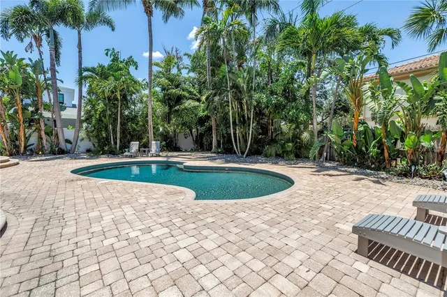 a view of a swimming pool with a garden