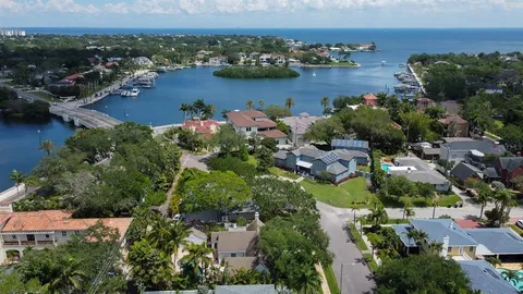 an aerial view of lake residential houses with outdoor space and trees
