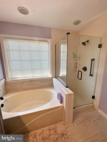 a bathroom with a bathtub and a shower