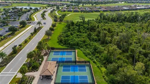 an aerial view of a swimming pool