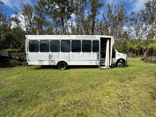 a bus parked in a big yard with large trees
