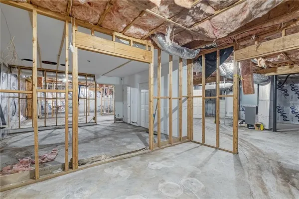 a view of a room with racks on the walls