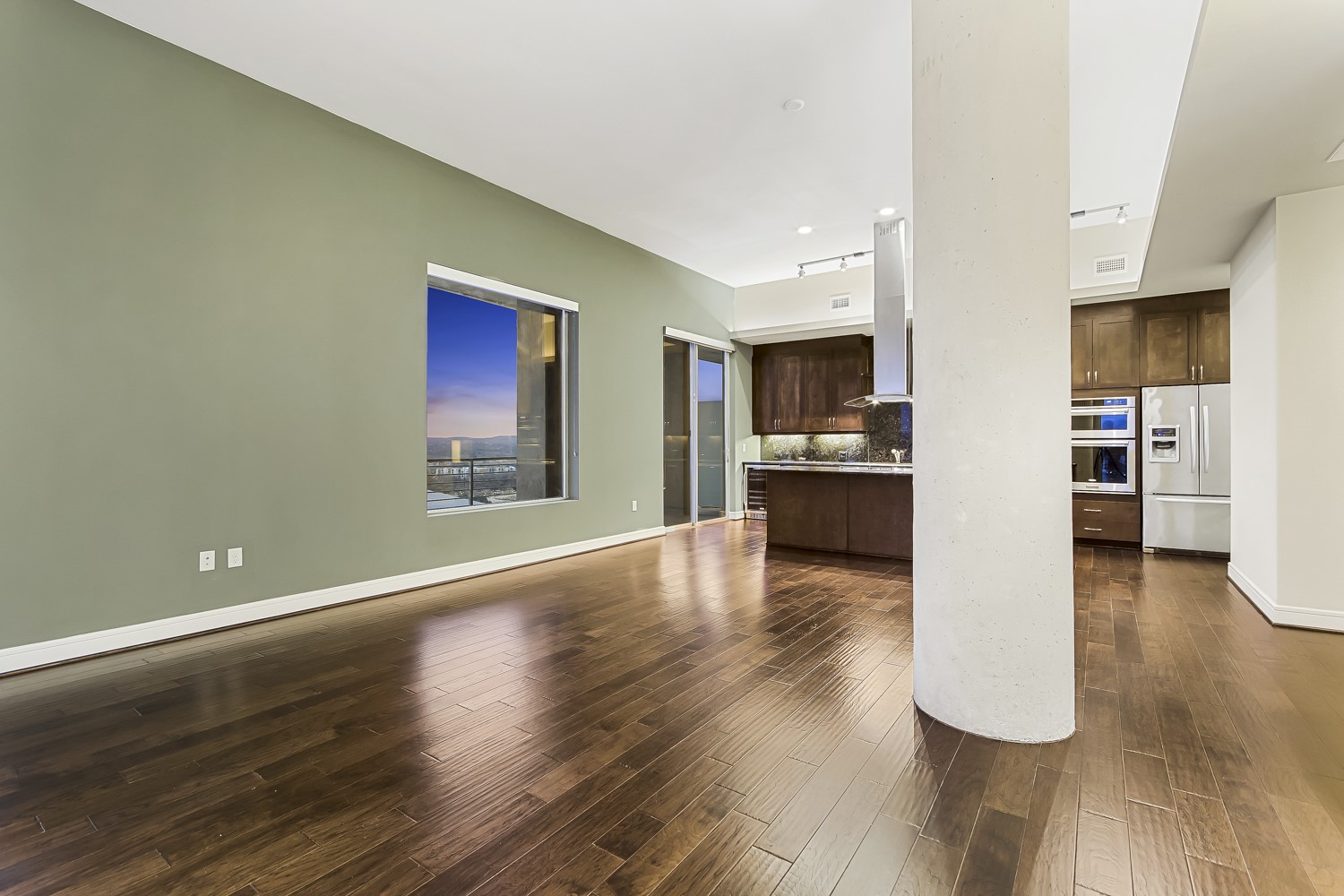 214 Barton Springs Road, Unit 1909 Austin, TX 78704 - Photo 19 of 34 Unfurnished living room featuring baseboards and dark wood-style flooring