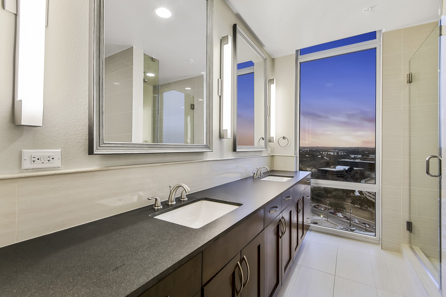 214 Barton Springs Road, Unit 1909 Austin, TX 78704 - Photo 3 of 34 Full bath with double vanity, a shower stall, light tile patterned floors, and recessed lighting