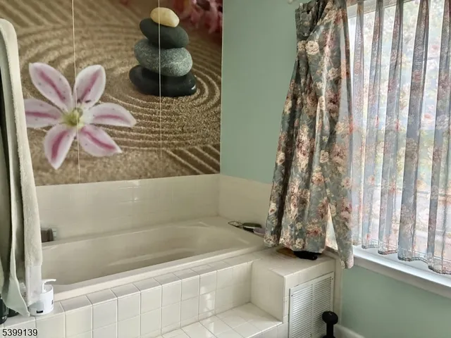 a bathroom with a bathtub and shower