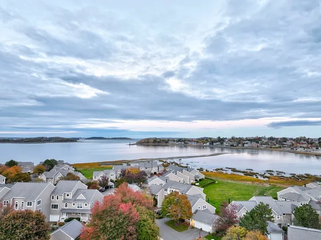 a view of a lake with houses in the back