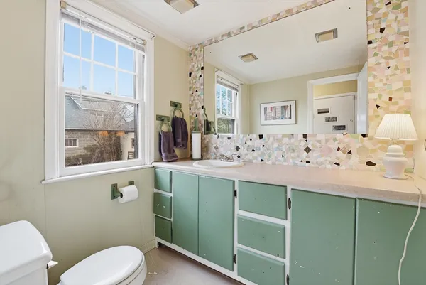 a bathroom with a sink a mirror and a toilet