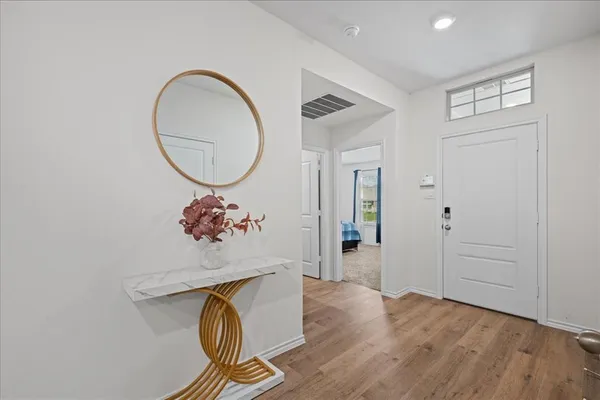 a view of a hallway with painted walls